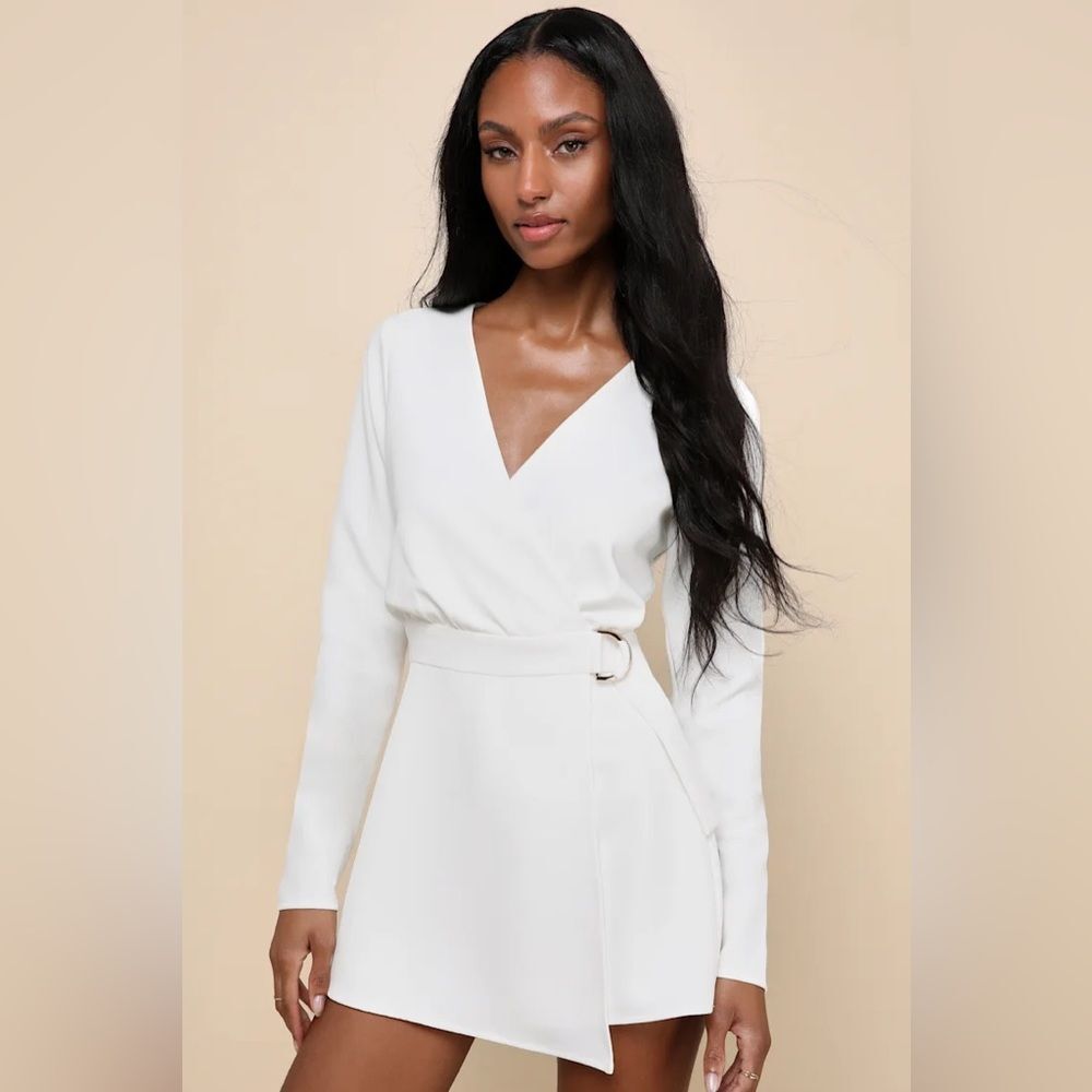 Lulua Rooftop Bar White Long Sleeve Faux-Wrap Belted Skort Romper